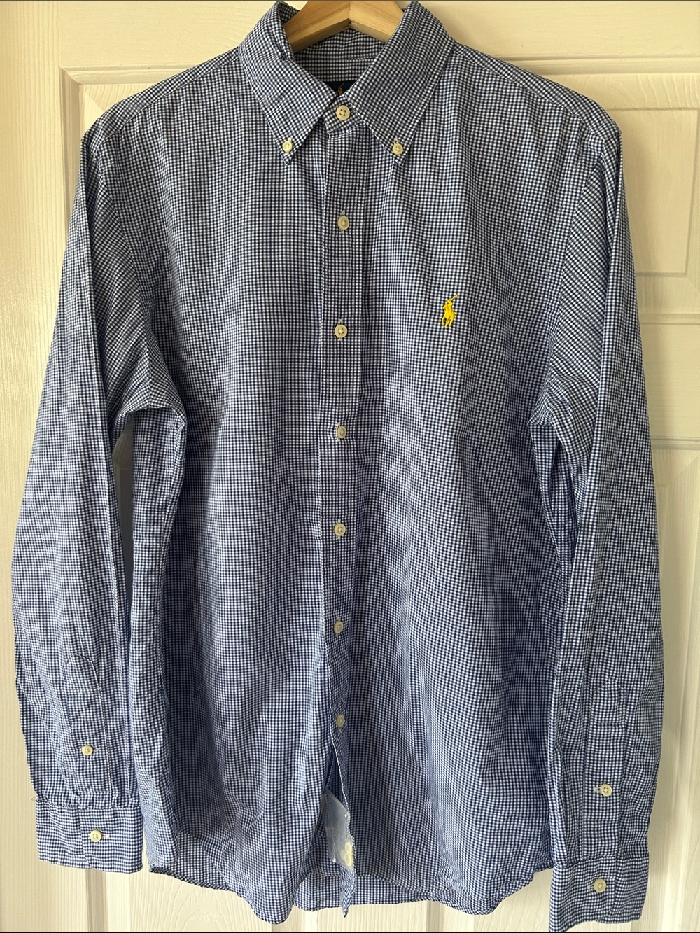 Ralph Lauren Blue & White Micro Gingham Button-Down Shirt with Yellow Pony